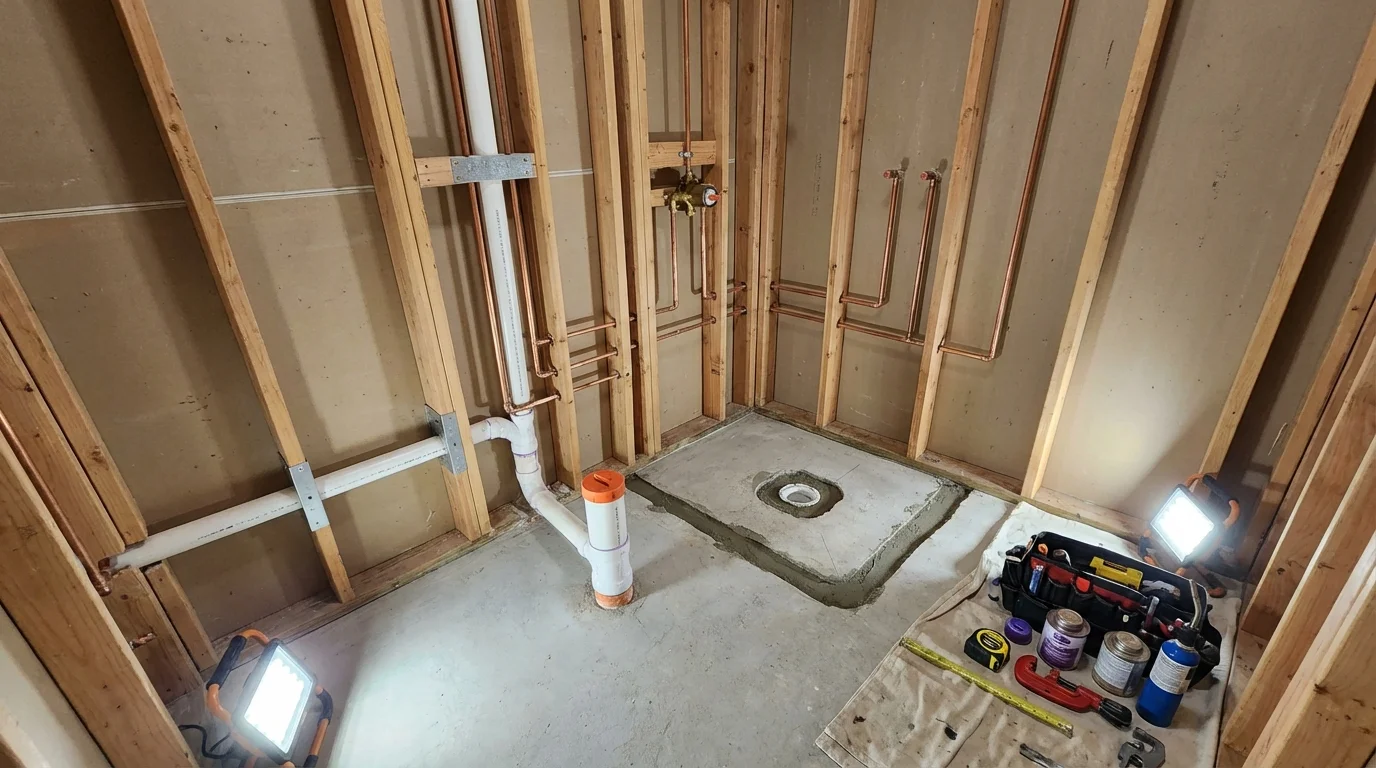 Bathroom rough-in plumbing during remodel by Johns Plumbing LLC in Clearwater