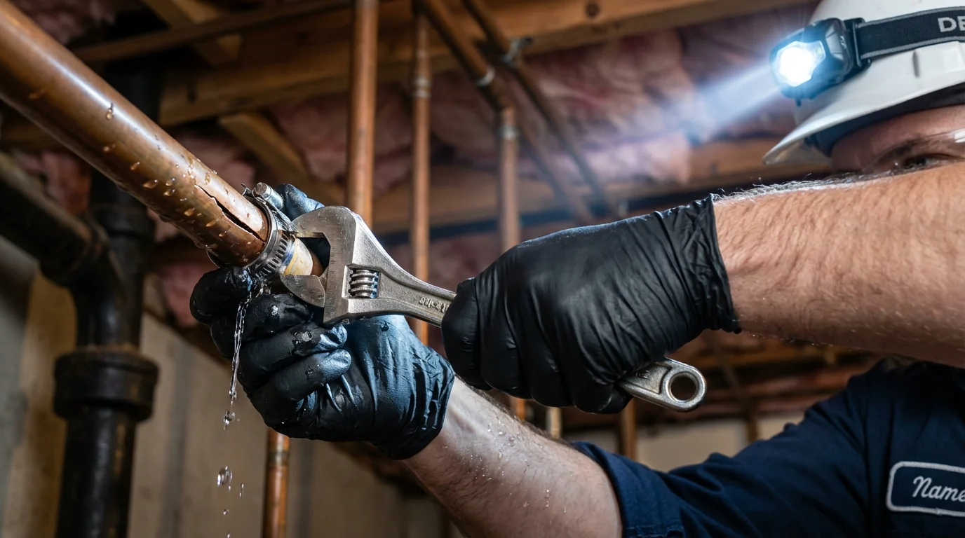 Emergency pipe clamp repair being performed by a Johns Plumbing LLC plumber in Clearwater