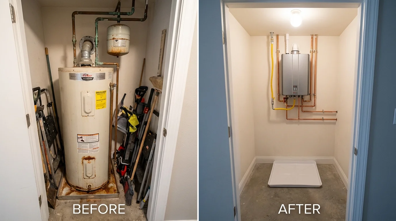 Tank water heater versus wall-mounted tankless unit comparison for Clearwater, KS homeowners