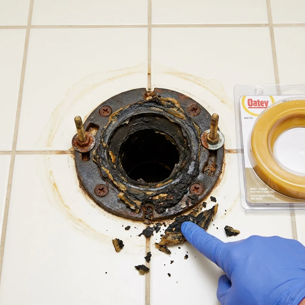 Failed wax ring showing water seepage at the base of a toilet in a Clearwater, KS home