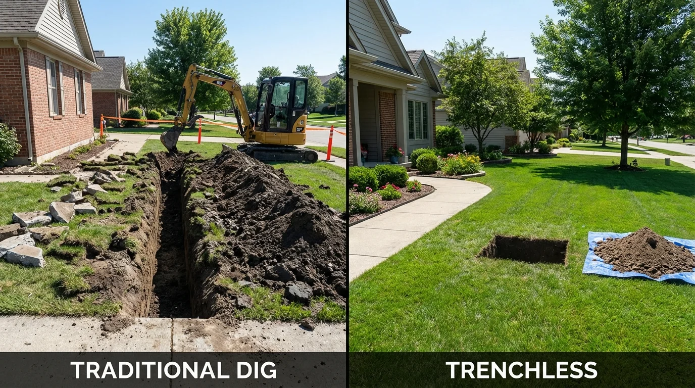 Trenchless sewer repair with minimal yard damage versus traditional excavation in Clearwater, KS